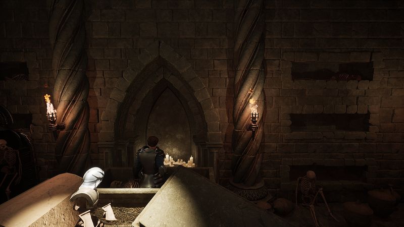 A knight kneels at a candle-lit shrine between twisted stone pillars