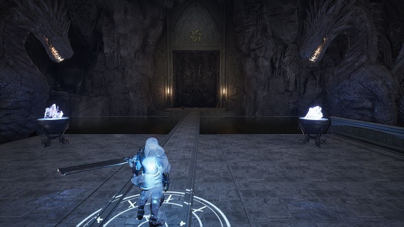 A knight before a vast gate flanked by two stone dragons, blue braziers burning on either side