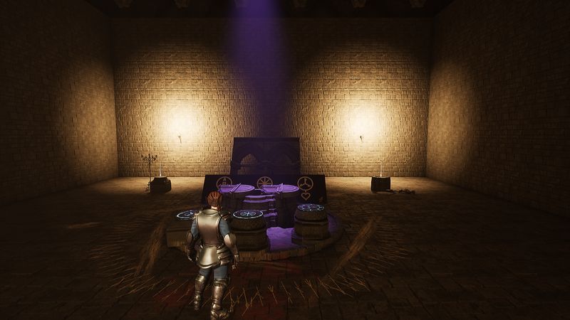 A ritual chamber lit violet from above, sigils glowing on stone pedestals