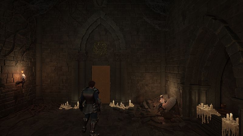 A knight approaches a wooden door beneath a gilded sigil in a cobwebbed chamber